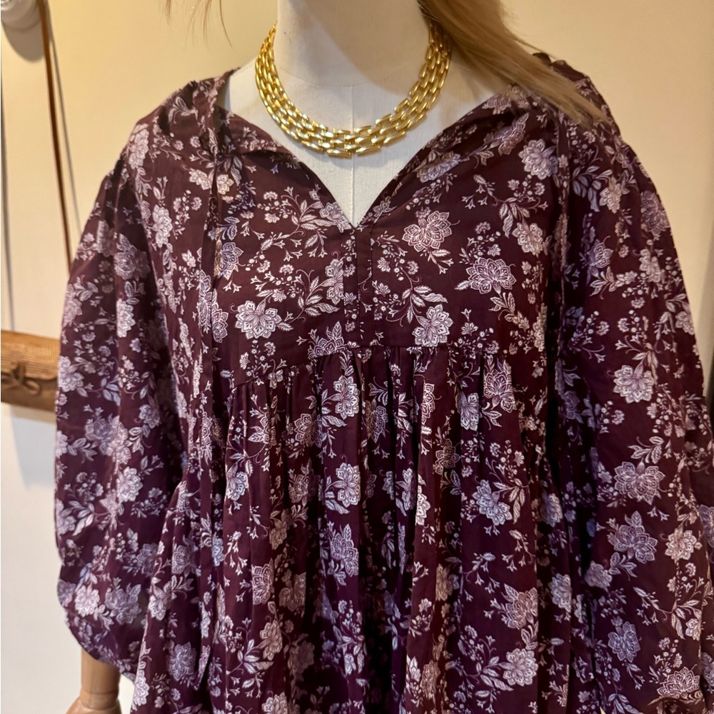 Madewell billowy maroon dress with white floral detail - Picture 2 of 11